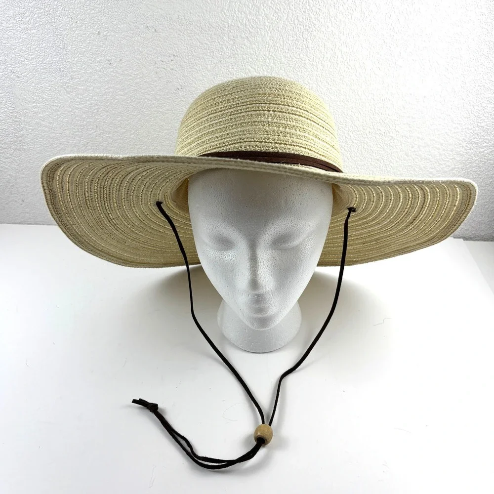 Shoe Shack Sun Hat Womens OS Beige Wide Brim Woven Straw Chin Strap Beach Summer